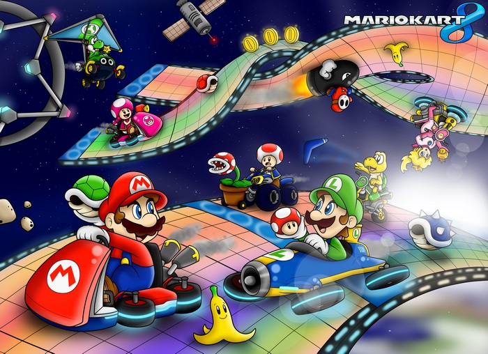 Mario Kart 8 characters racing in space
