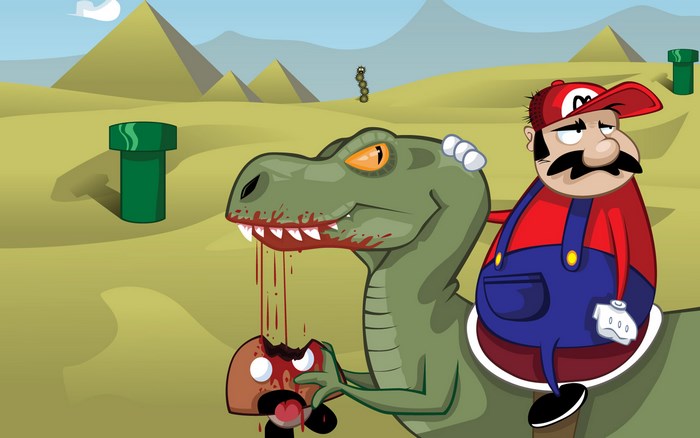 Mario riding a bloody dinosaur eating a mushroom in a desert