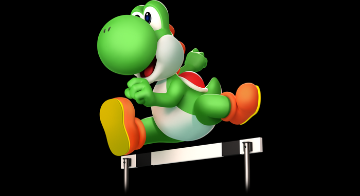 Yoshi jumping over a hurdle