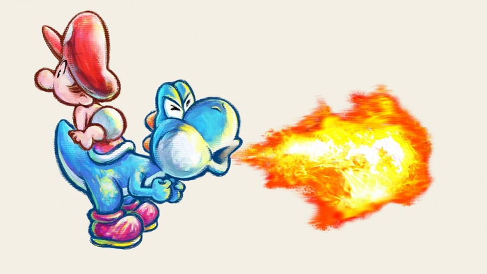 Yoshi from Super Mario breathing fire
