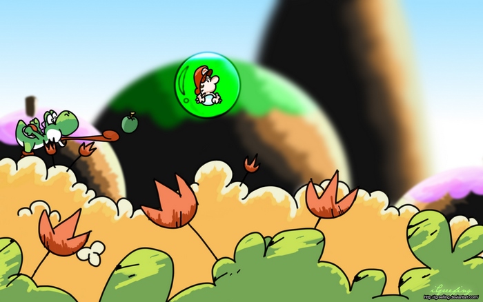 Yoshi from Mario with Baby Mario in a bubble
