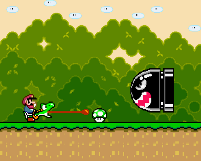 Mario and Yoshi from Super Mario World facing a Bullet Bill