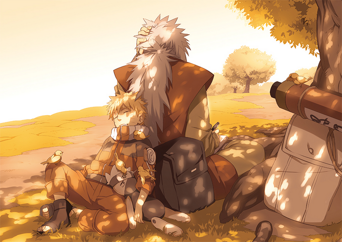 Naruto and Jiraiya resting under a tree