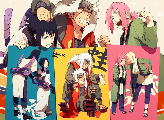 Naruto characters Jiraiya, Sasuke, Sakura, and Tsunade