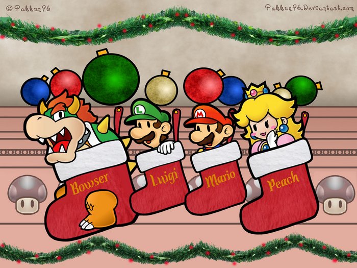 Mario characters in Christmas stockings