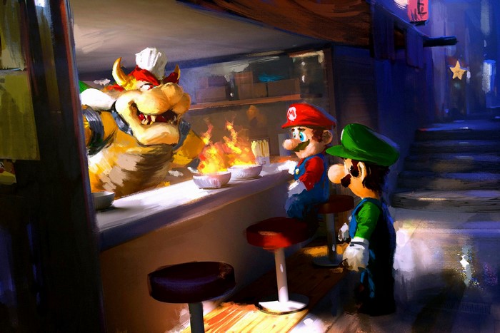 Bowser cooking for Mario and Luigi in a restaurant