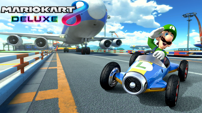 Luigi from Mario Kart 8 Deluxe on an Airport Track