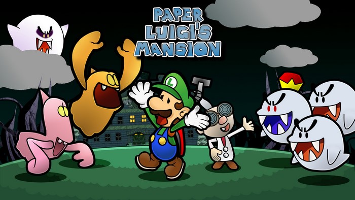 Luigi from Paper Luigi's Mansion with ghosts