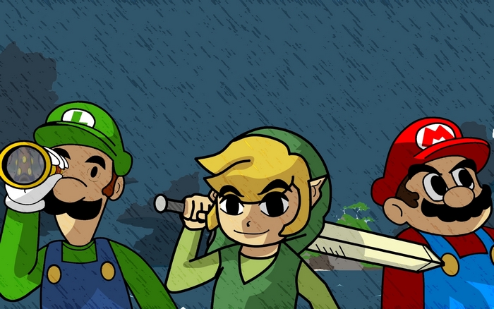Luigi, Link, and Mario in a stormy landscape