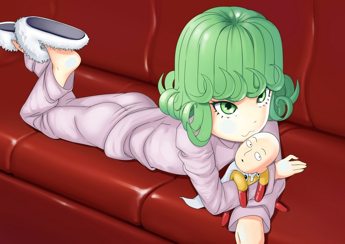 Tatsumaki from One-Punch Man holding a Saitama plush