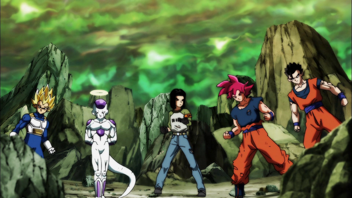 Vegeta, Frieza, Android 17, Goku, and Gohan from Dragon Ball Super