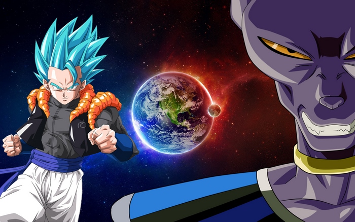 Gogeta and Beerus from Dragon Ball with Earth