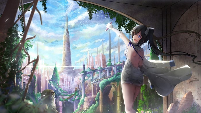 Hestia from DanMachi in a ruined city