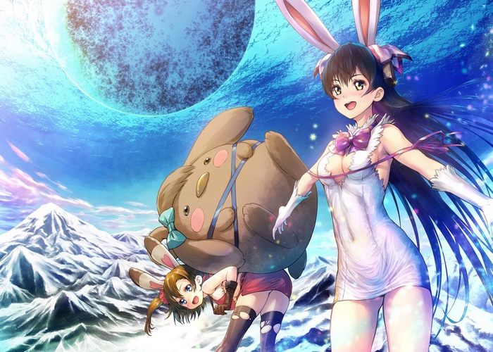 Two girls with bunny ears and a plush toy in a snowy landscape