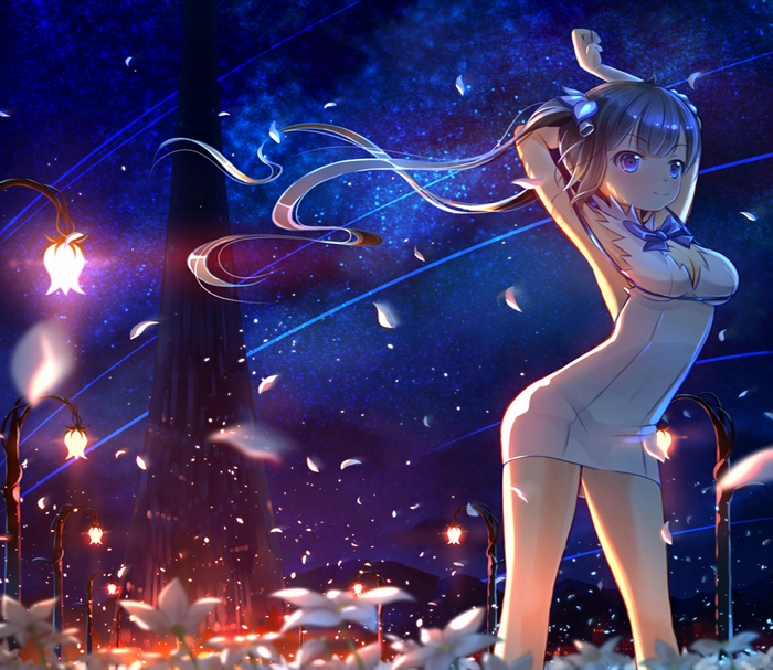 Hestia in a white dress under a starry sky