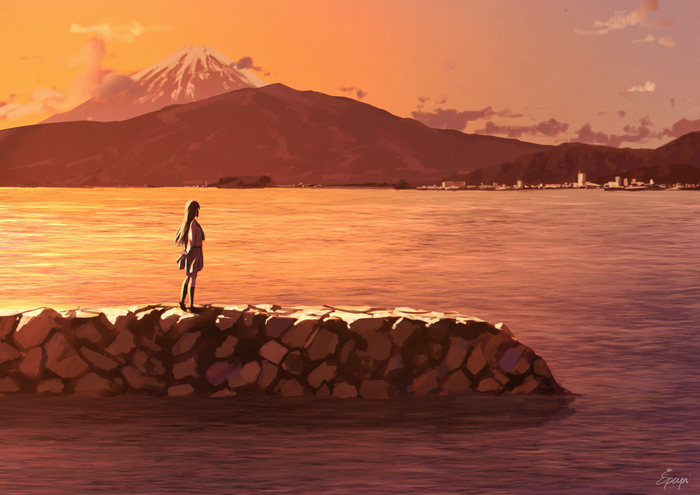 Dia Kurosawa by the sea at sunset
