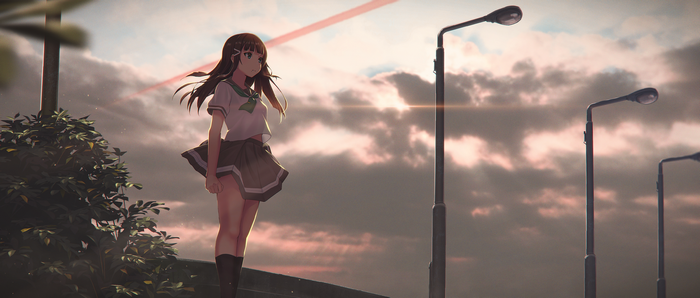 Girl in school uniform standing near streetlights