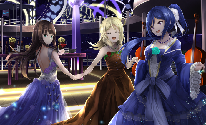 Three girls in formal dresses on a ship deck