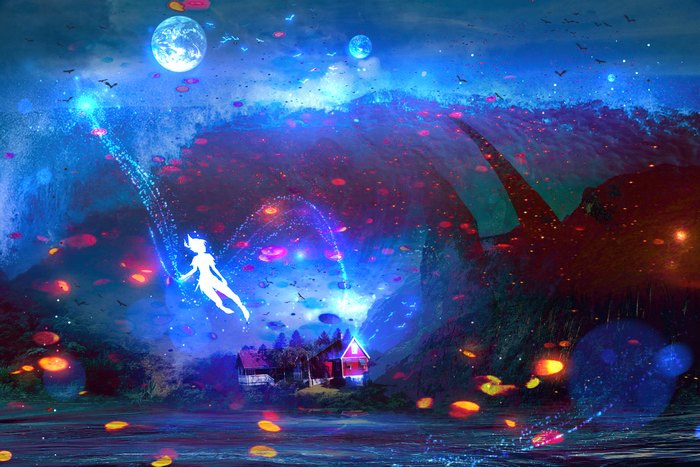Peter Pan in a fantasy landscape