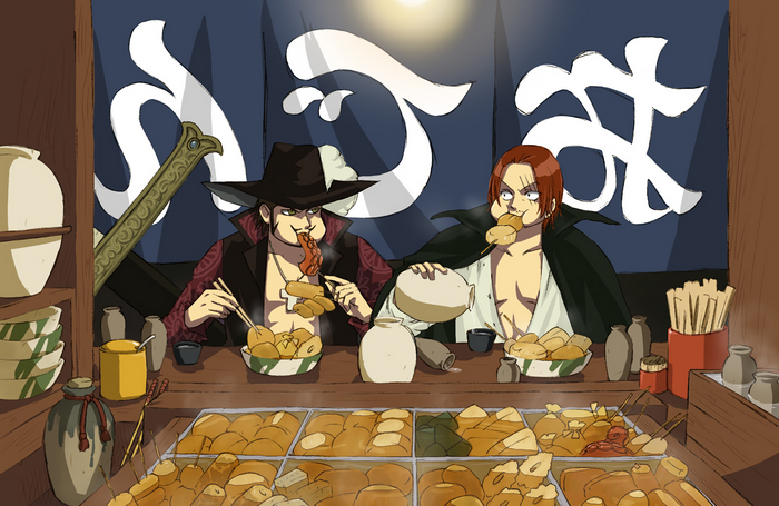 Shanks and Mihawk eating at a food stall