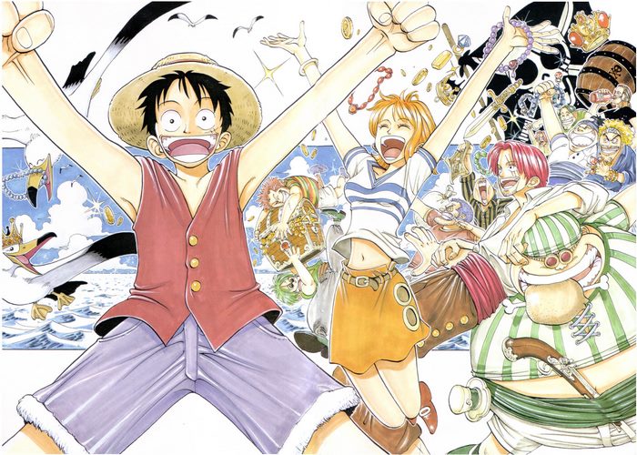 Shanks and crew celebrating with treasure