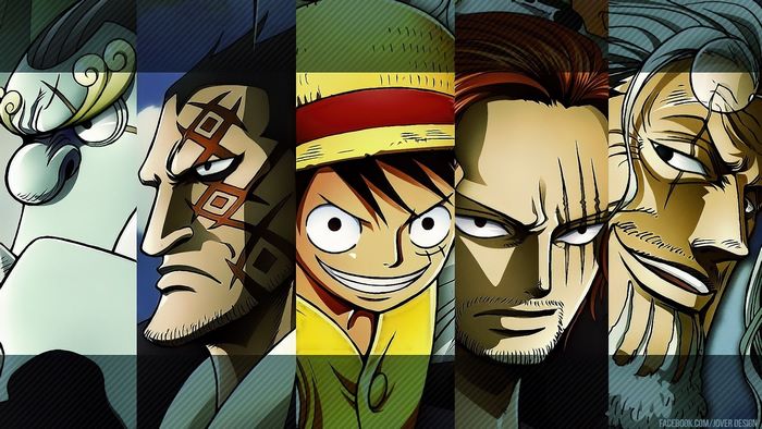 Monkey D. Dragon, Monkey D. Luffy, Shanks, and Sengoku from One Piece