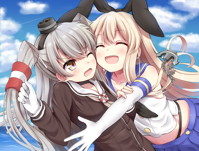 Shimakaze from Kancolle hugging another girl