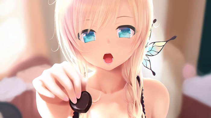 Anime girl with butterfly wings holding chocolate