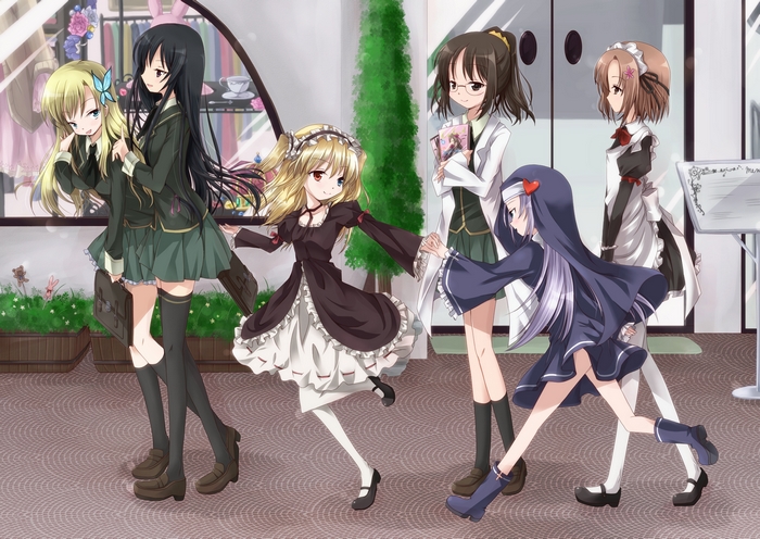 Anime girls walking in a row