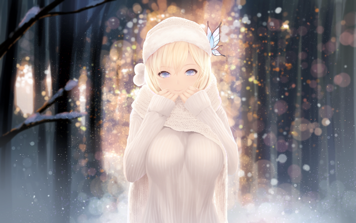 Anime girl with blonde hair and blue eyes in winter forest