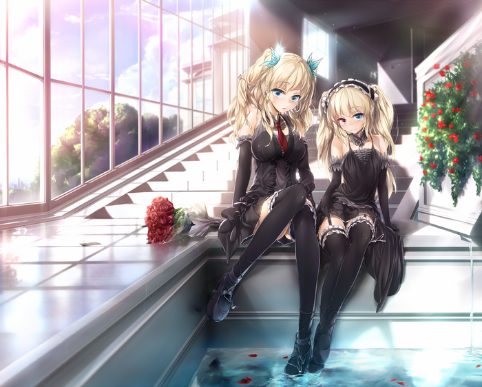 Two anime girls in black dresses with roses