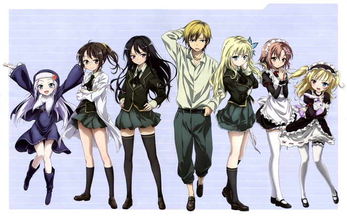Anime characters in school uniforms and maid outfits