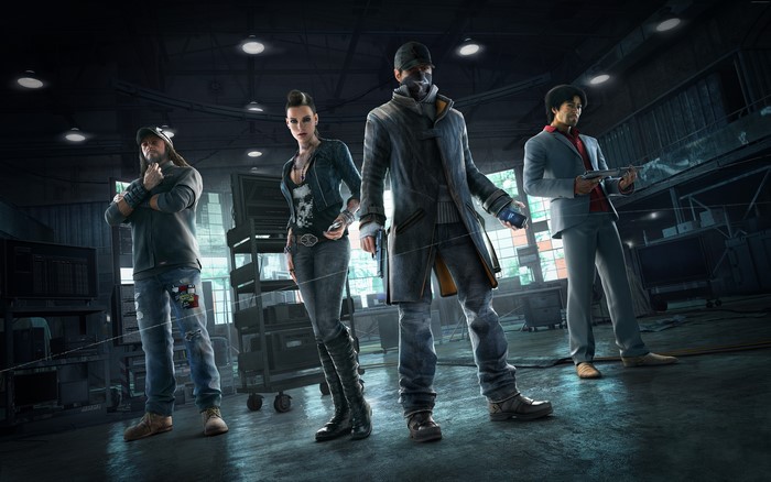 Aiden Pearce and allies in a warehouse