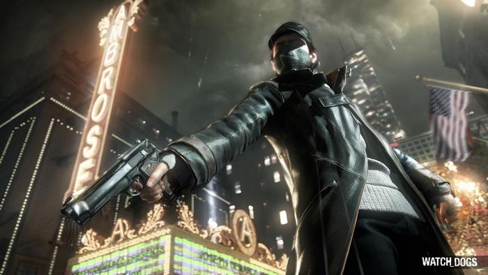Aiden Pearce from Watch Dogs holding a gun