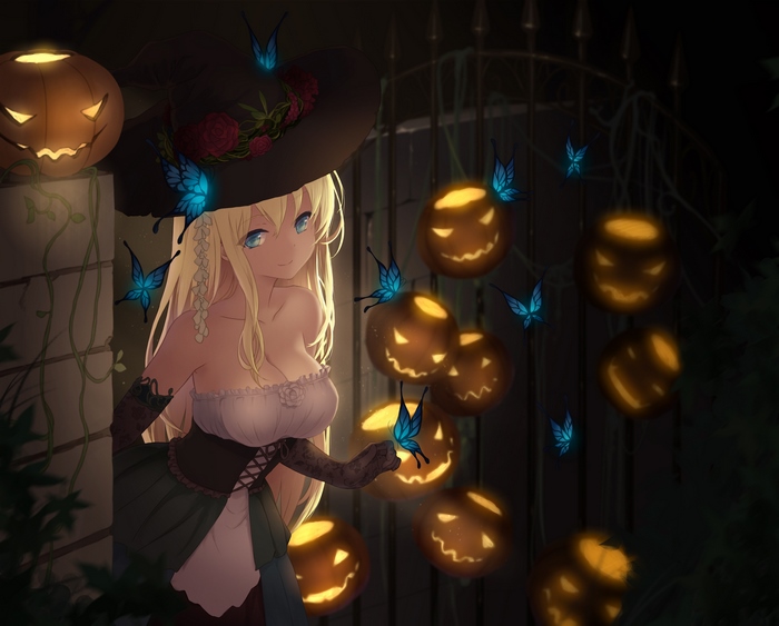 Anime girl with blonde hair and blue eyes in witch hat with butterflies and pumpkins