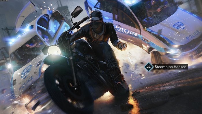 Aiden Pearce from Watch Dogs on a motorcycle evading police cars