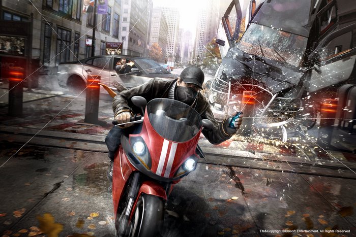 Aiden Pearce from Watch Dogs on a motorcycle during a car crash