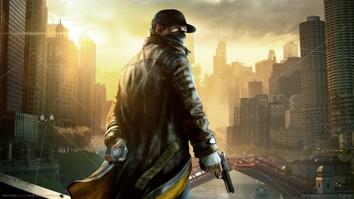 Aiden Pearce from Watch Dogs holding a gun