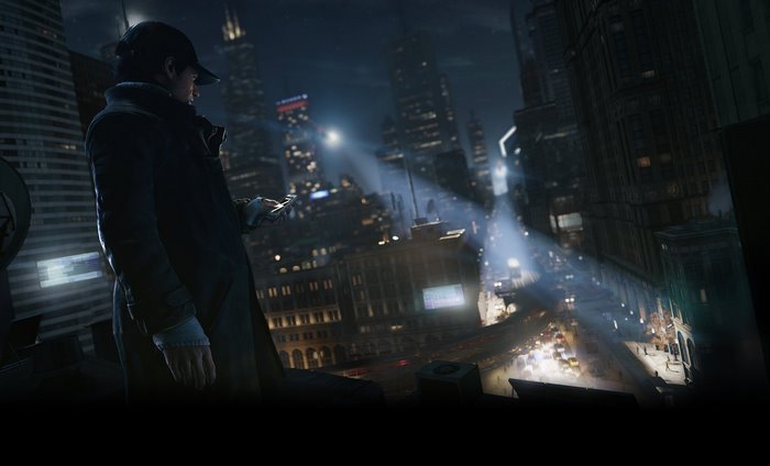 Aiden Pearce from Watch Dogs overlooking a city at night