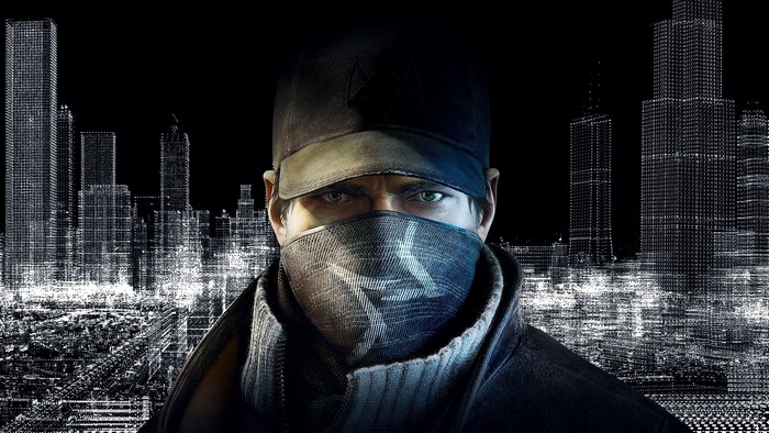 Aiden Pearce Masked Man in Digital Cityscape