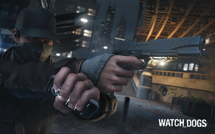 Aiden Pearce from Watch Dogs holding a gun and phone