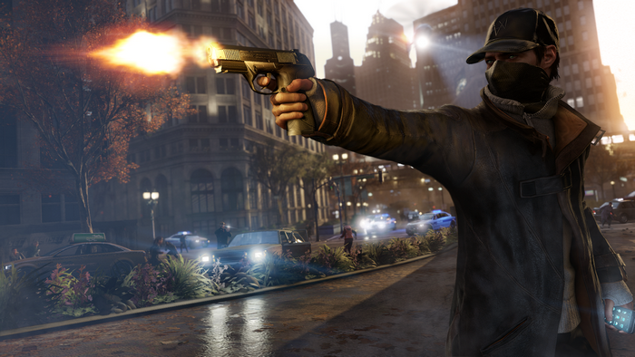 Aiden Pearce from Watch Dogs firing a gun