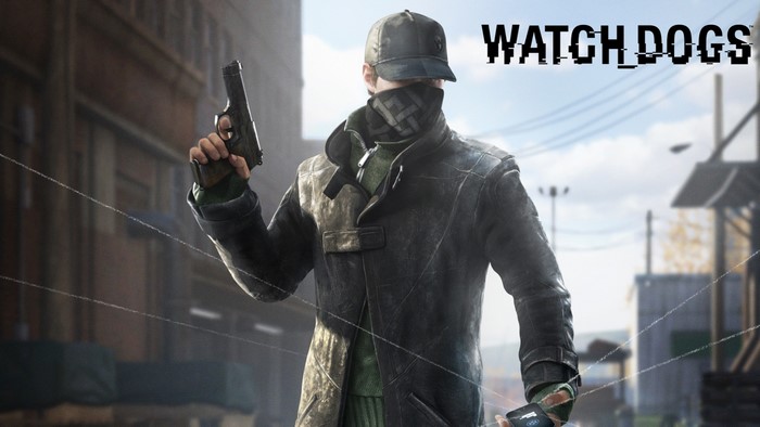 Aiden Pearce from Watch Dogs holding a gun