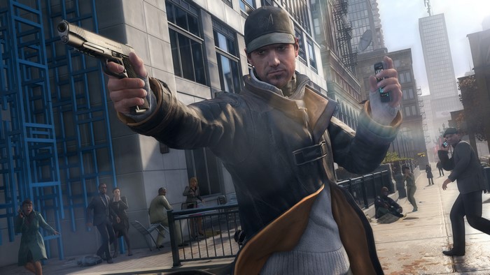 Aiden Pearce from Watch Dogs holding a gun and phone