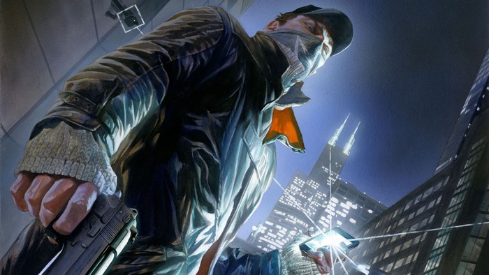 Aiden Pearce from Watch Dogs holding a gun