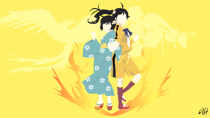 Karen Araragi and another girl with phoenix and bee