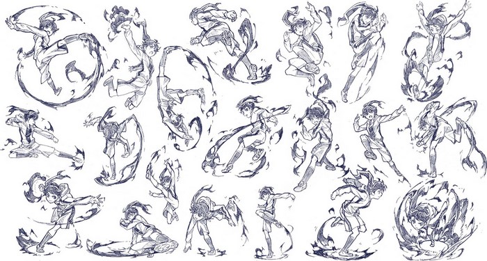 Character sketches with dark energy effects
