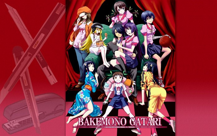 Bakemonogatari characters with stapler and cutters