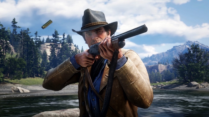Arthur Morgan from Red Dead Redemption 2 aiming a shotgun