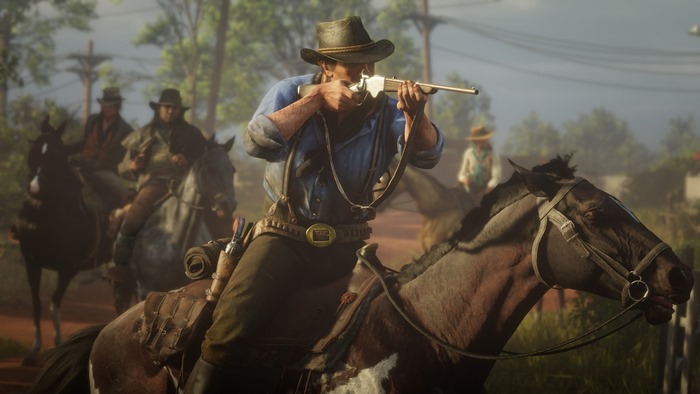 Arthur Morgan from Red Dead Redemption 2 aiming a rifle